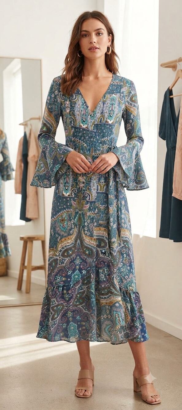 R.Vivimos Blue Green Paisley Floral Bell Sleeve Ruffle Wrap High Low Maxi Dress